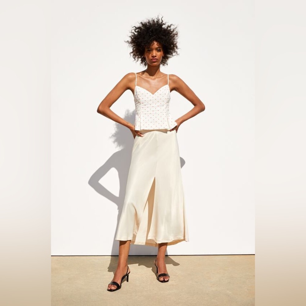 NWT Zara Cream & Pink Linen Cami Sweetheart Crop Top